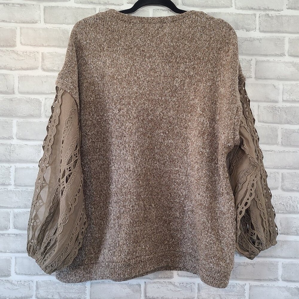 Gimmicks by BKE Wool Blend Sweater Eyelet Lace Arms Brown Boho Romantic Medium - Picture 2 of 8